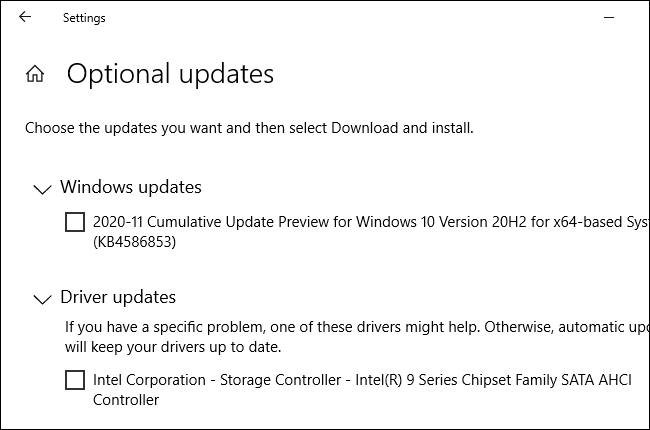 A página "Atualizações opcionais" nas configurações do Windows Update.
