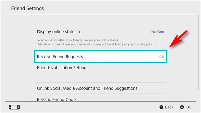 Em Alternar configurações de usuário, defina "Receber solicitações de amizade" para "Desligado".
