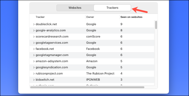 Verifique a lista de rastreadores da web no Safari