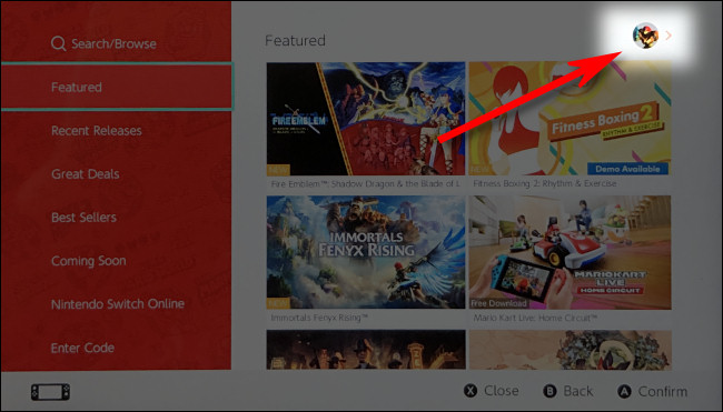 No Nintendo Switch eShop, toque no ícone da sua conta para acessar as informações da conta.
