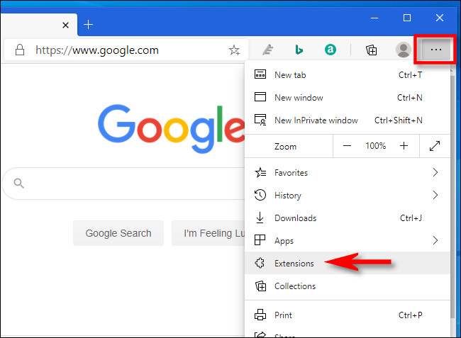 No Edge, clique no botão de reticências e selecione "Extensões".