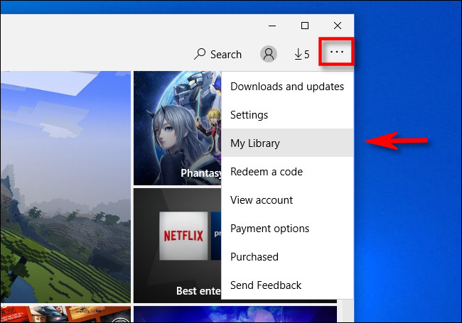 Na Microsoft Store, clique no botão de reticências e selecione "Minha Biblioteca" no menu.
