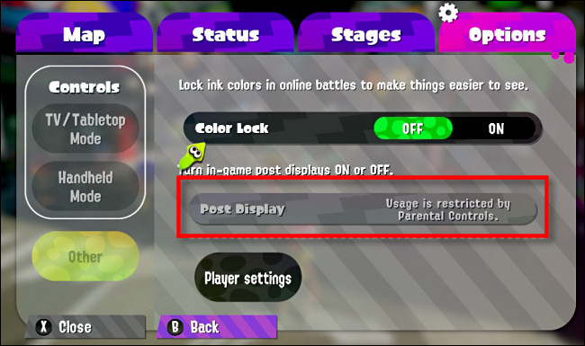 A mensagem "Uso restrito por controle dos pais" do Splatoon 2 no menu.