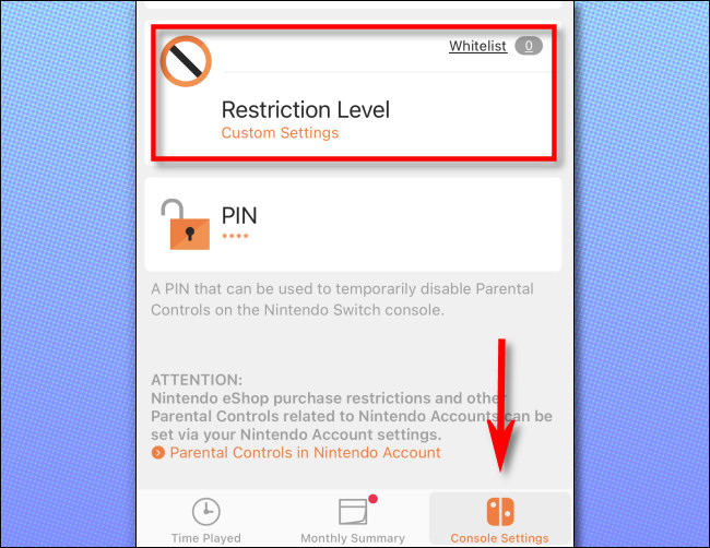 No aplicativo Nintendo Switch Parental Controls, toque em "Configurações do console" e selecione "Nível de restrição".