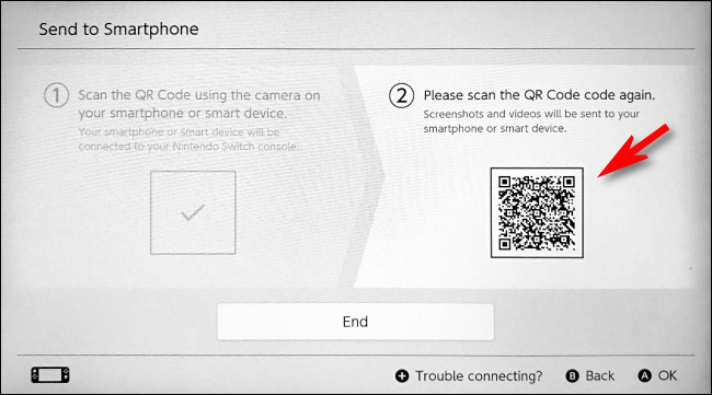 Usando seu dispositivo inteligente, escaneie o segundo código QR no Switch.