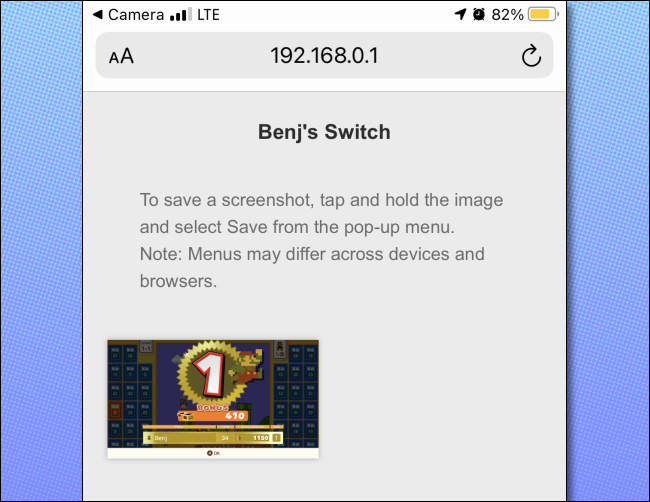 Um exemplo de compartilhamento sem fio do switch para página da web de dispositivo inteligente.