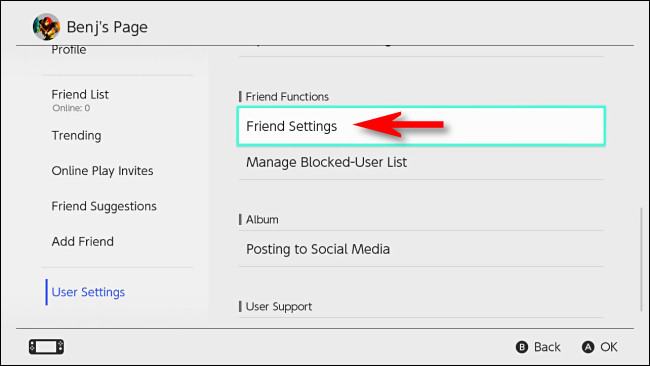 Em Alternar configurações de usuário, selecione "Configurações de amigos".