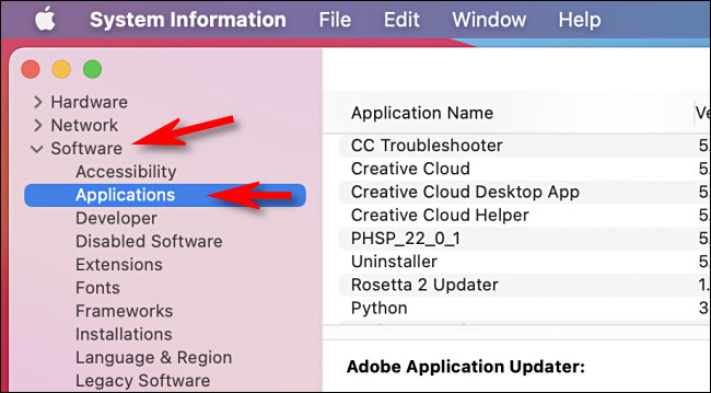 Em Informações do sistema, clique em "Software" e em "Aplicativos" no menu da barra lateral.