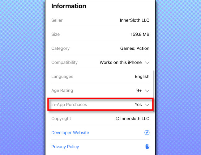 Na App Store, para ver quais compras no aplicativo estão disponíveis, toque no título "Compras no aplicativo" na seção "Informações".