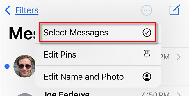 Em Mensagens no iPhone ou iPad, toque em "Selecionar Mensagens"