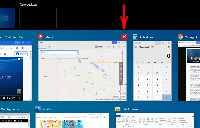 Fechar uma janela no Windows 10 Task View clicando no botão X.