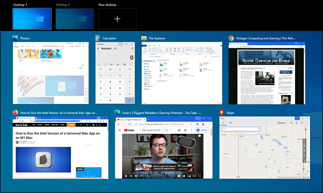 Um exemplo do Windows 10 Task View com muitas janelas abertas.