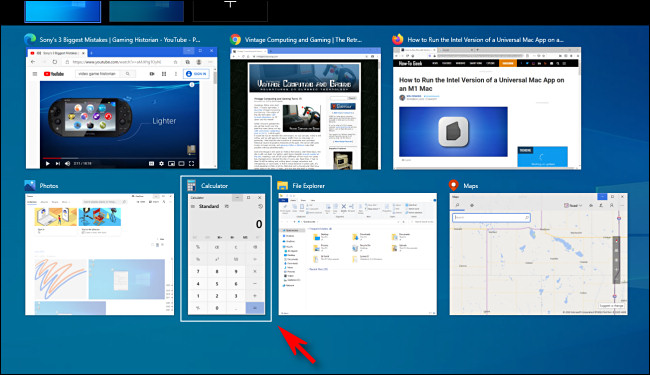 Selecionando uma janela de aplicativo no Windows 10 Task View usando as teclas de cursor.