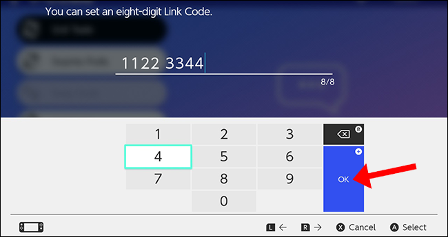 Pressione o botão A para selecionar "OK" e confirme seu código de oito dígitos.