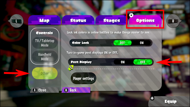 Defina a opção "Post Display" do Splatoon 2 como "Off".