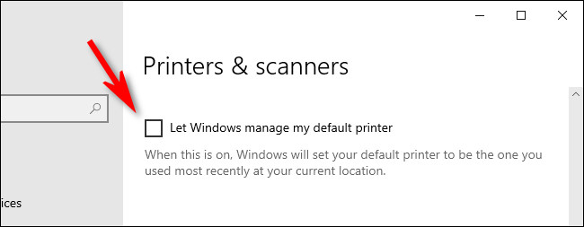 Nas configurações de Impressoras e Scanners do Windows 10, desmarque "Permitir que o Windows gerencie minha impressora padrão".