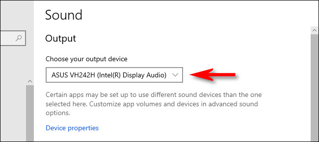 Nas configurações de som do Windows 10, selecione um dispositivo de saída no menu suspenso.