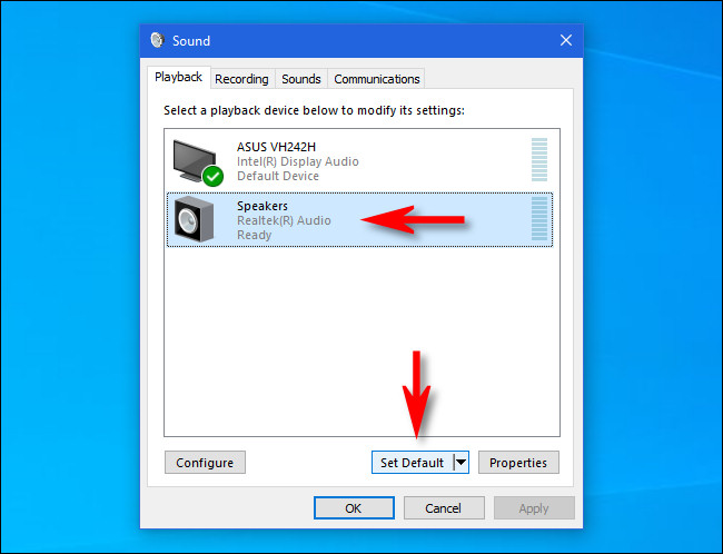 No Windows 10, clique nos alto-falantes da lista e clique no botão "Definir padrão".