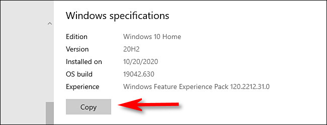 Nas configurações do Windows, clique no botão "Copiar" para copiar as especificações do Windows para a área de transferência.
