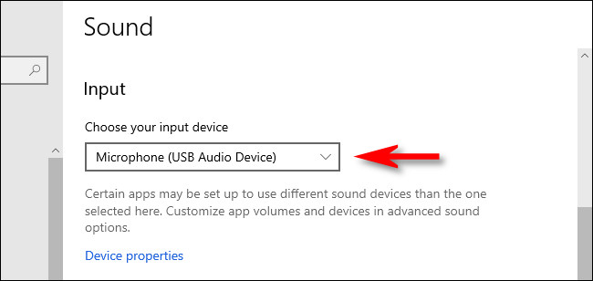 Nas configurações de som do Windows 10, selecione um dispositivo de entrada no menu suspenso.