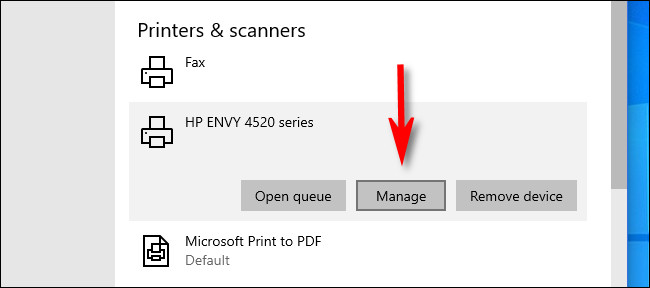 Nas configurações do Windows 10, clique na impressora que deseja definir como padrão e selecione "Gerenciar".