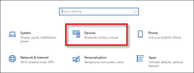 Nas configurações do Windows 10, clique em "Dispositivos".