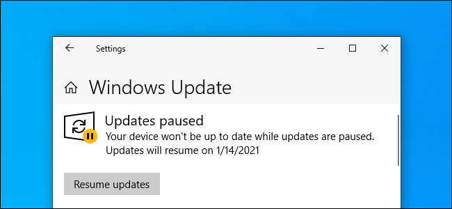 Windows Update mostrando "Atualizações pausadas" no Windows 10.