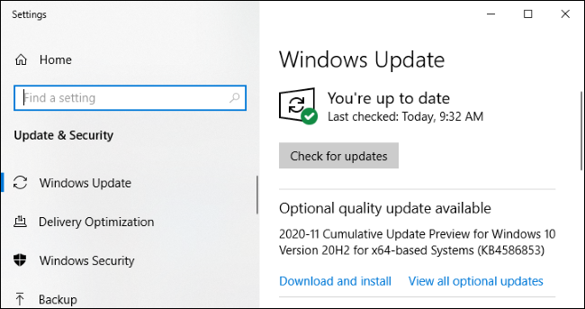 Windows Update mostrando uma "atualização de qualidade opcional disponível".