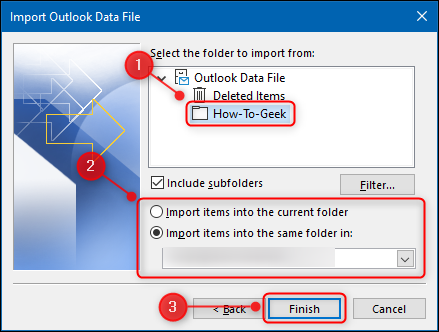 O local do Outlook para o qual os arquivos serão importados.