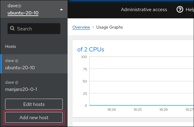 Adicionar novo botão de hosts no Cockpit em uma janela do navegador