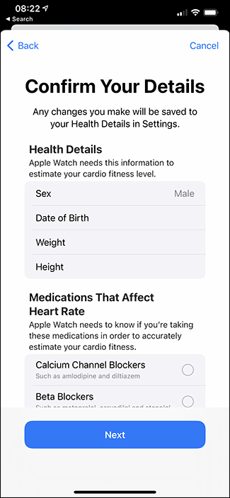 confirmando detalhes para os níveis de cardio-fitness