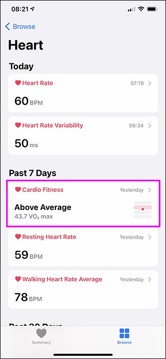 selecionando a opção de cardio-fitness