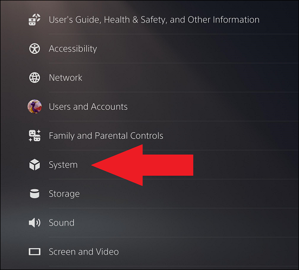 onde encontrar a opção do sistema nas configurações do ps5