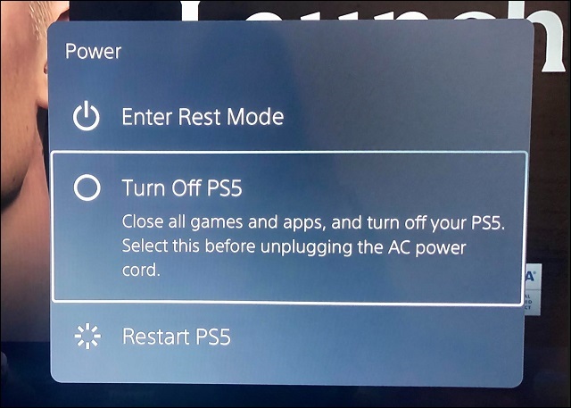 desligue o ps5 no menu de opções de energia