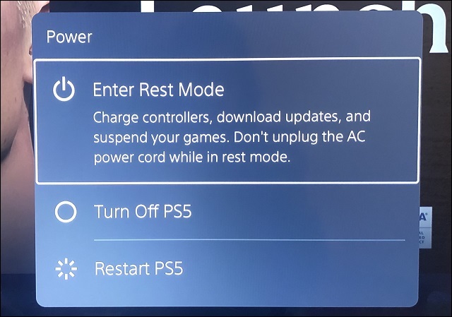 modo de descanso no menu de opções de energia do ps5