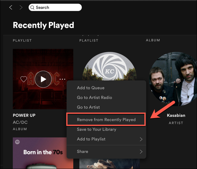 Pressione a opção "Remover de reproduzidos recentemente" para excluir a entrada de sua lista de "reproduzidos recentemente" do Spotify.