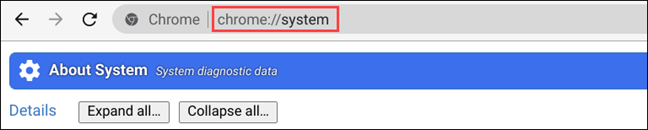 digite a página do sistema do Chrome na barra de URL