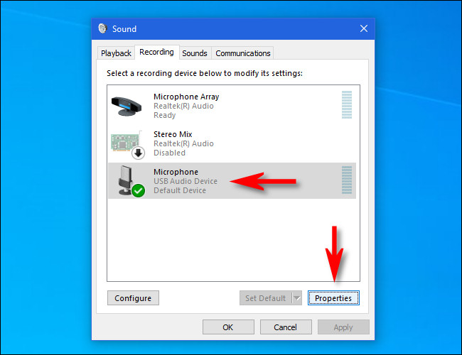 Selecione o microfone da lista e clique em “Propriedades”.