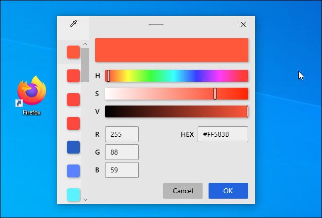 A janela de ajuste de cores do Seletor de cores.