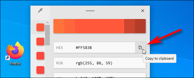 Para copiar um valor de cor para a área de transferência, clique no ícone "copiar".