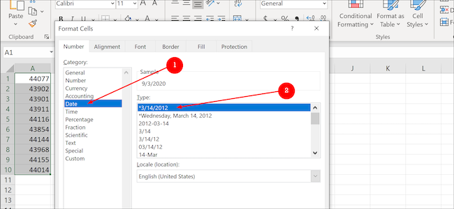 Formato de dados Excel