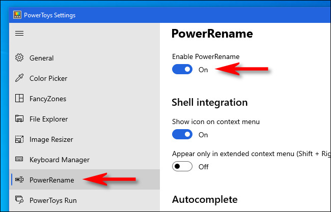 Nas configurações do PowerToys, certifique-se de que a chave "Habilitar PowerRename" esteja ligada.