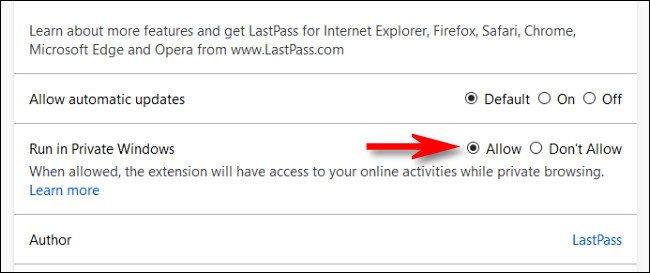 Na página de gerenciamento de extensões do Firefox, selecione "Permitir" para a opção "Executar em janelas privadas".