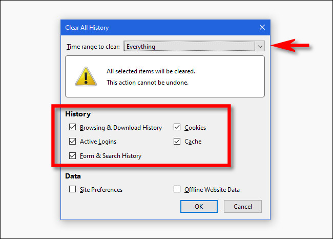 Na janela "Limpar todo o histórico" do Firefox, selecione as opções que deseja.