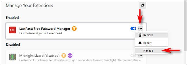 No Firefox Add-ons Manager, clique no botão de reticências e selecione "Gerenciar".