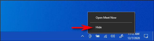 Clique com o botão direito no ícone “Meet Now” e selecione “Hide”.