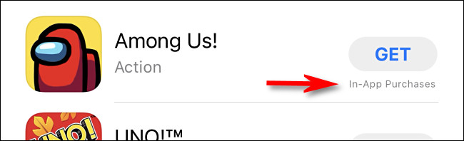Se um aplicativo tiver compras no aplicativo disponíveis, você verá "Compras no aplicativo" escrito ao lado do preço ou do botão "Obter".