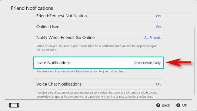 Em Alternar configurações de usuário, defina "Notificações de convite" como "Somente melhores amigos".