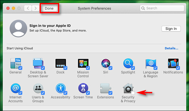 Em Preferências do Sistema para Mac, desmarque um ícone e clique em Concluído para ocultá-lo.