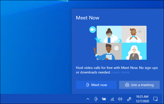 O pop-up Meet Now no Windows 10.